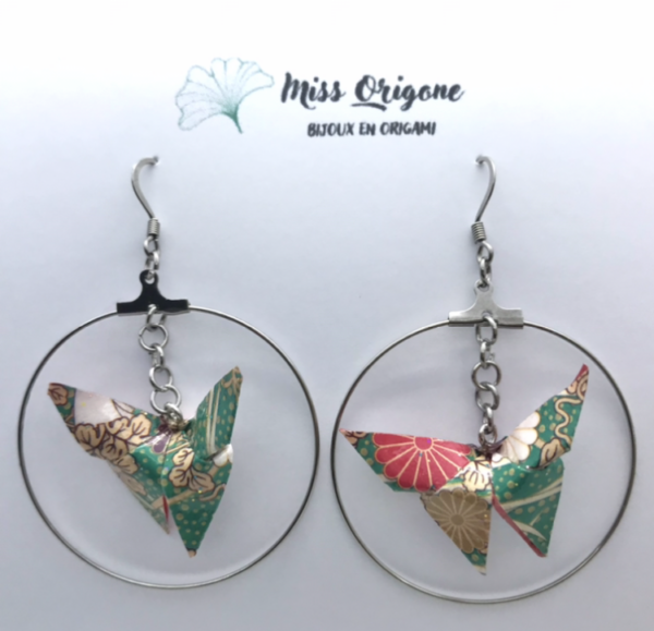 Boucles d’oreilles créoles argentées origami PAPILLON