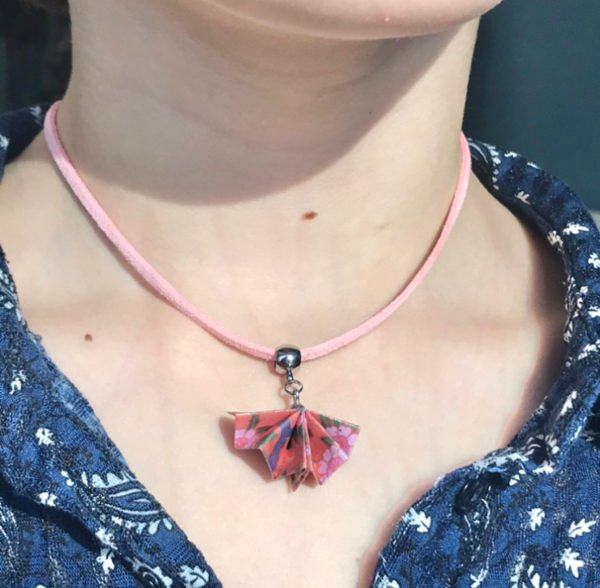 Collier rose et argenté origami PAON